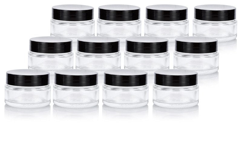 Clear Glass 0.50 oz / 15 ml Low Profile Thick Wall Balm Jars with Black Smooth Foam Lined Lids (12 PACK)