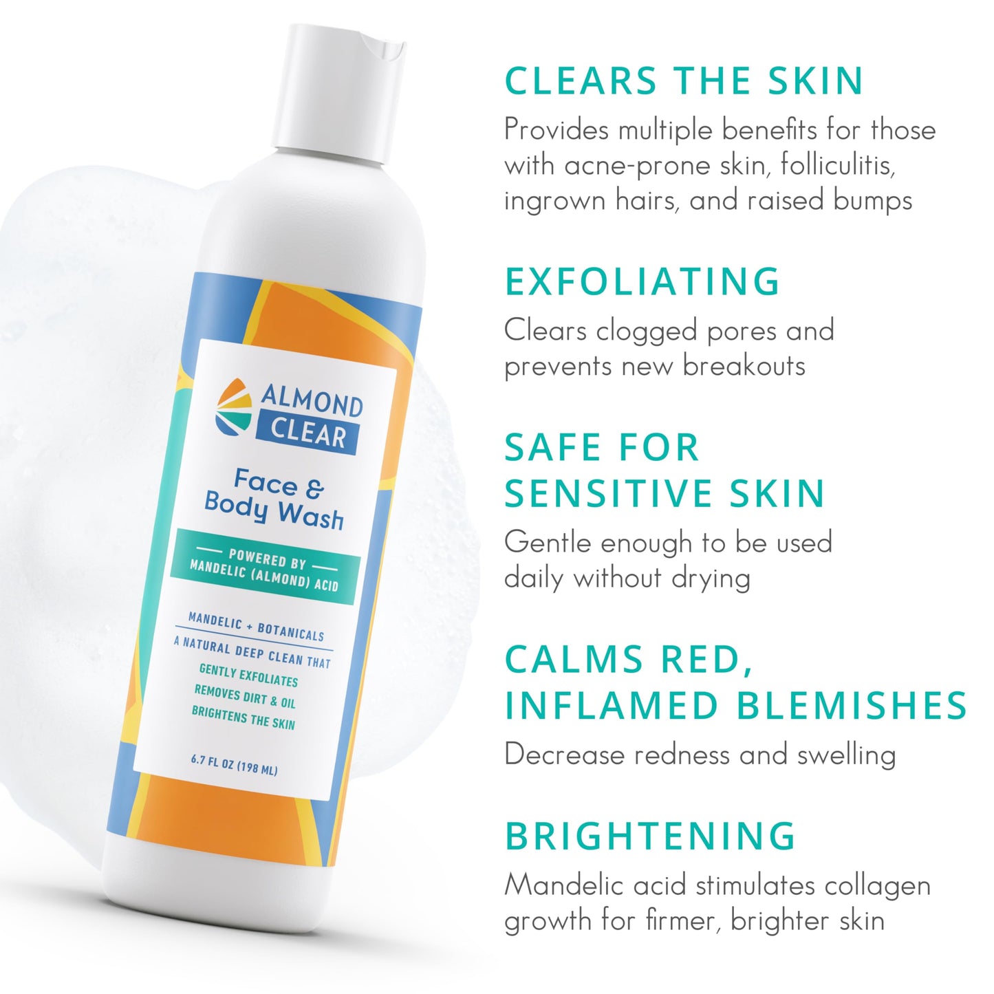 Almond Clear Face & Body Wash | Skin Care for Acne and Folliculitis-Prone Skin - Gentle Acne Face & Body Wash, Exfoliating Cleanser with Mandelic Acid | 17.25 oz