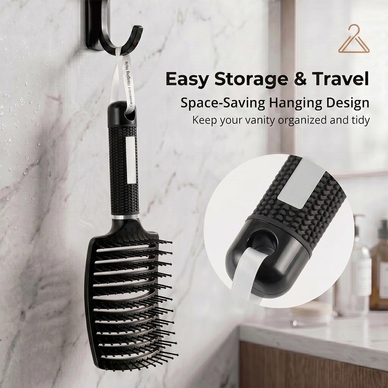 FIXBODY Detangling Vented Curved Hair Brush for Women Men Kids Wet Dry Use (Black-Nylon)