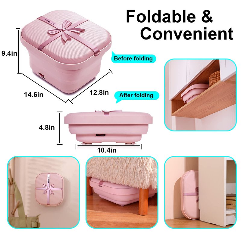 VIVIYA Collapsible Foot Bath Spa with heat and Massage Rollers, Foldable Foot Soak Tub with Bubbles Jets and LED light, Pedicure Foot Spa Massager with Foot Scrubber for Home Use (White)