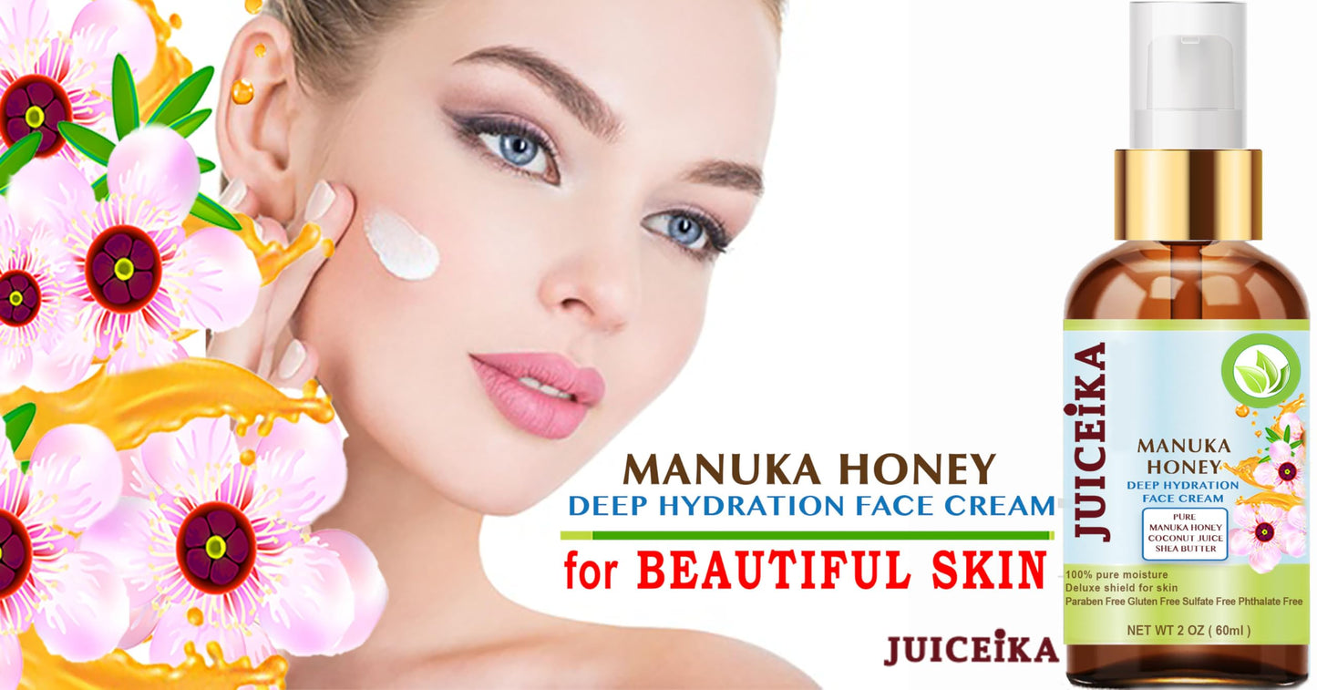Juiceika MANUKA HONEY Deep Hydration Face Cream Face Moisturizer. Manuka Oil, Aloe Vera, Shea Butter, Coconut Oil, Jojoba Oil, Squalane, Hyaluronic Acid, Avocado Oil 2 Fl. oz. - 60 ml.