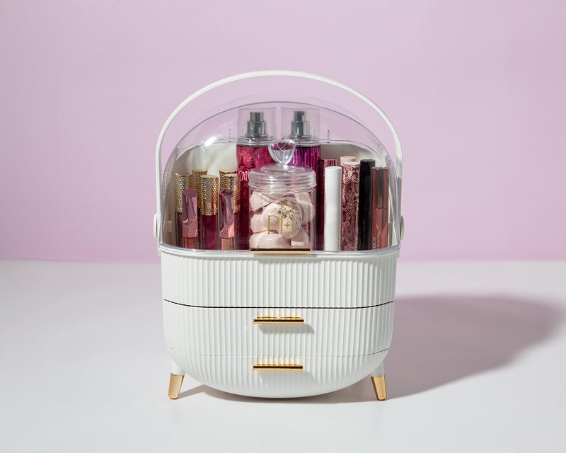 Paris Hilton Makeup Storage Organizer with Lid, Cosmetics and Skincare Organizer for Vanity, Portable Makeup Storage Box for Countertop, Fluted Design with Gold Accents, White