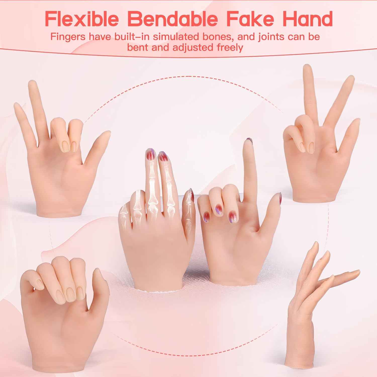 Flexible Silicone Practice Hand for Acrylic Nails with 528 Nail Tips & Stand