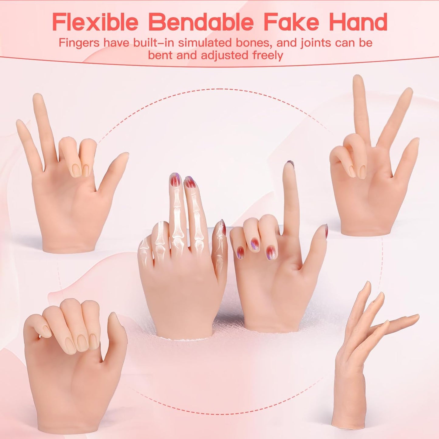 Flexible Silicone Practice Hand for Acrylic Nails with 528 Nail Tips & Stand