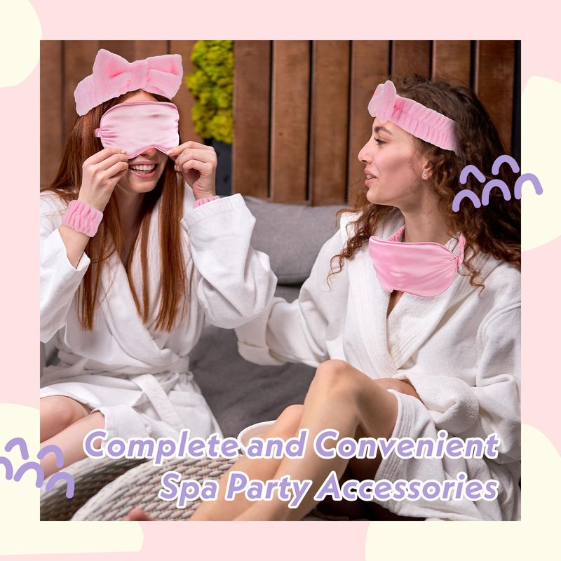 Xtinmee 48 Pcs Sleepover Party Favors Spa Headband Bulk for Slumber Party Supplies Pink Wristband Eye Mask for Girls Women Birthday(Pink)