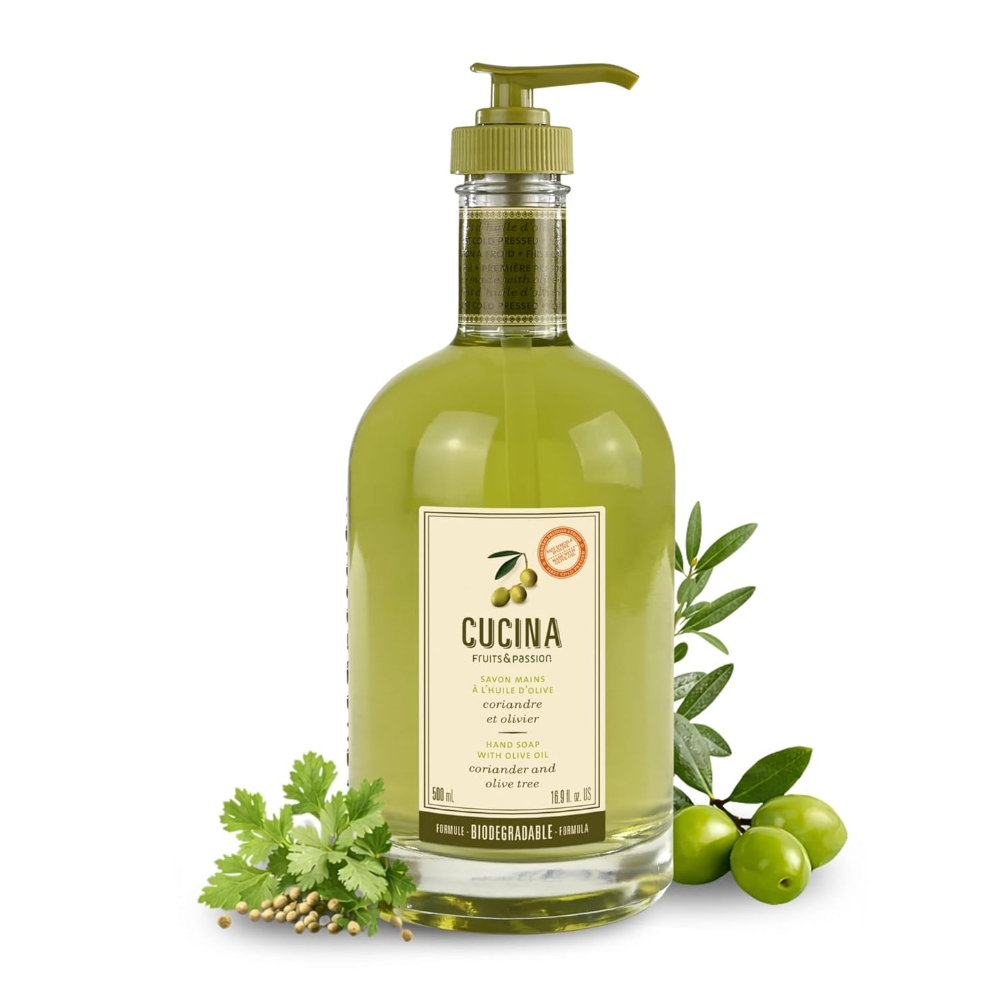 Coriander & Olive Tree Hand Soap - Vegan Natural Moisturizing Kitchen Soap | 16.9 fl oz Glass Dispenser