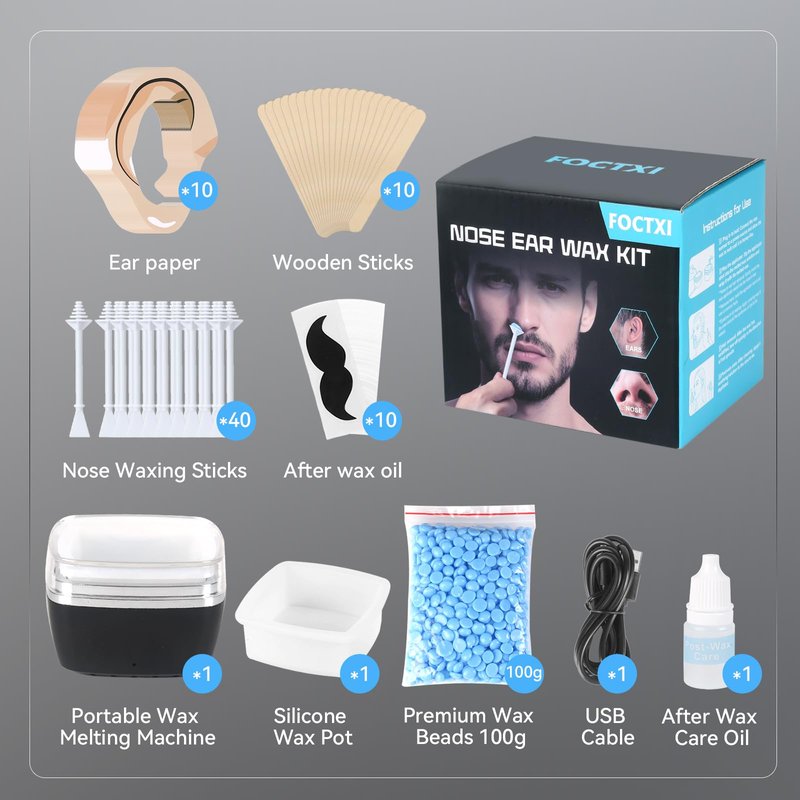 FOCTXI Nose Wax Kit - Portable Ear Nose Hair Waxing Kit for Men and Women with 100g Wax, 10 Applicators, 40 Nose Hair Sticks, 10 Mustache & 10 Ear Protectors, Wax Warmer Kit for Hair Removal
