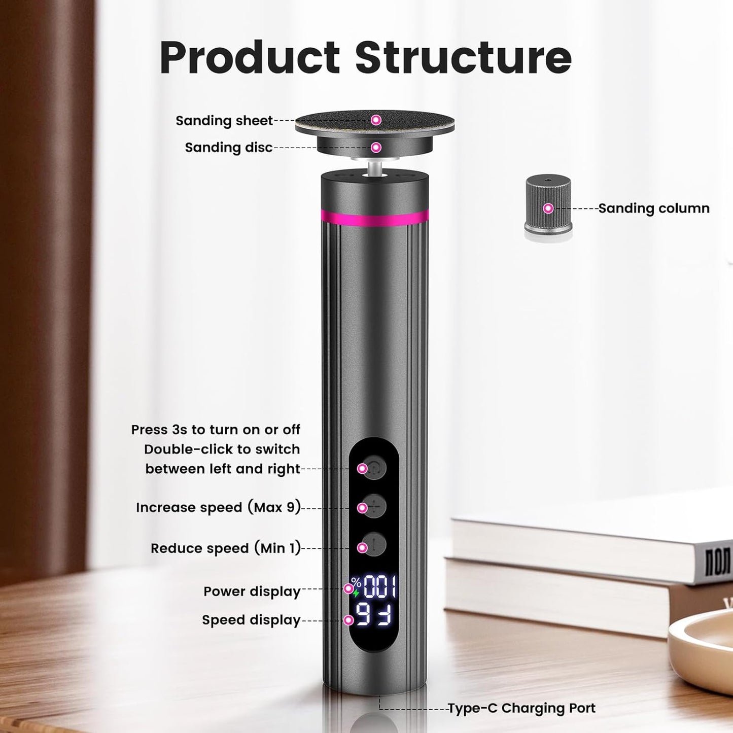 Rechargeable Electric Foot Callus Remover & Nail Drill - 2-in-1 with Digital Display, 9 Settings for Men & Women (Black)