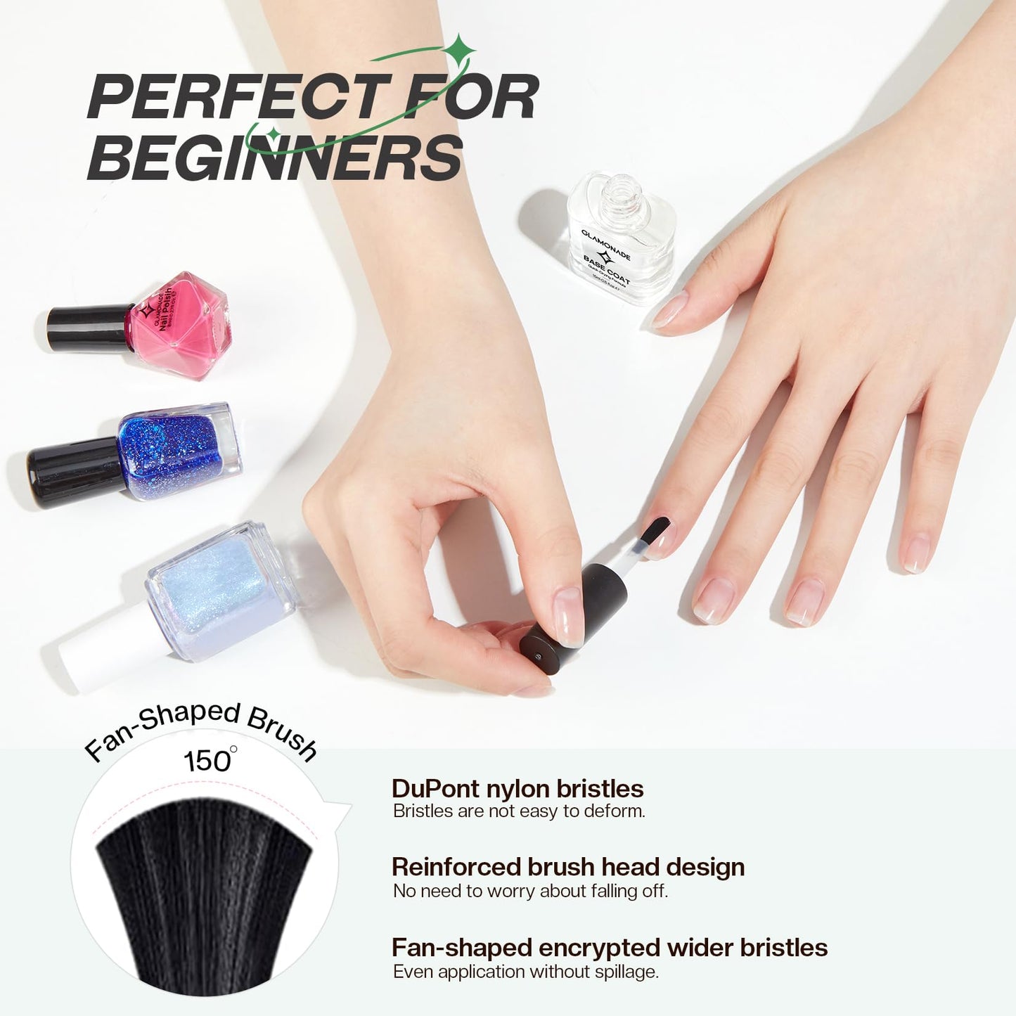 Glamonade Base Coat Nail Polish Clear: Quick Dry Nail Polish Long Lasting Fingernail Toe Polish Color Strengthener Natural Nail Repair 0.34 fl oz Nail
