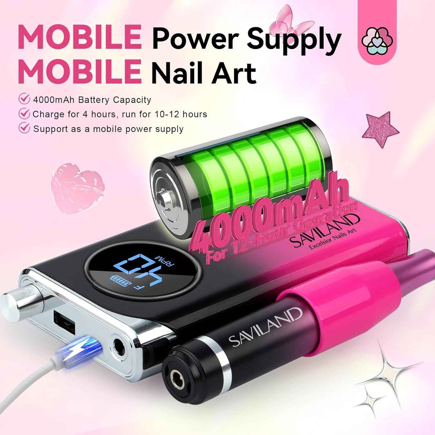 Professional 40000RPM Nail Drill for Acrylics with Jasmine Essential Oil - Rechargeable Efile Machine & Portable Nail Grinder