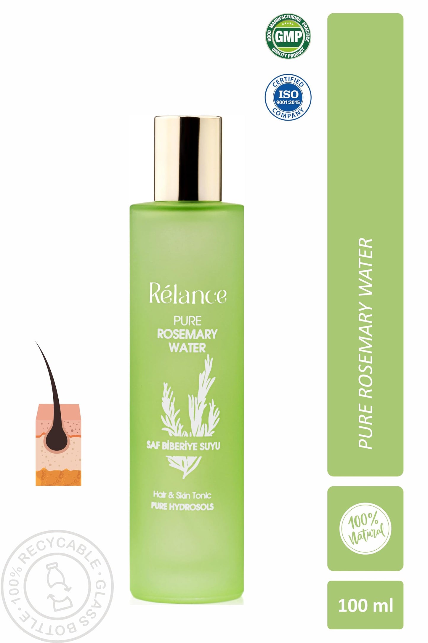 Relance Pure Rosemary Water Hair and Skin Tonic, Hydrosol Spray, Green, 100ml, GMP and ISO Certified