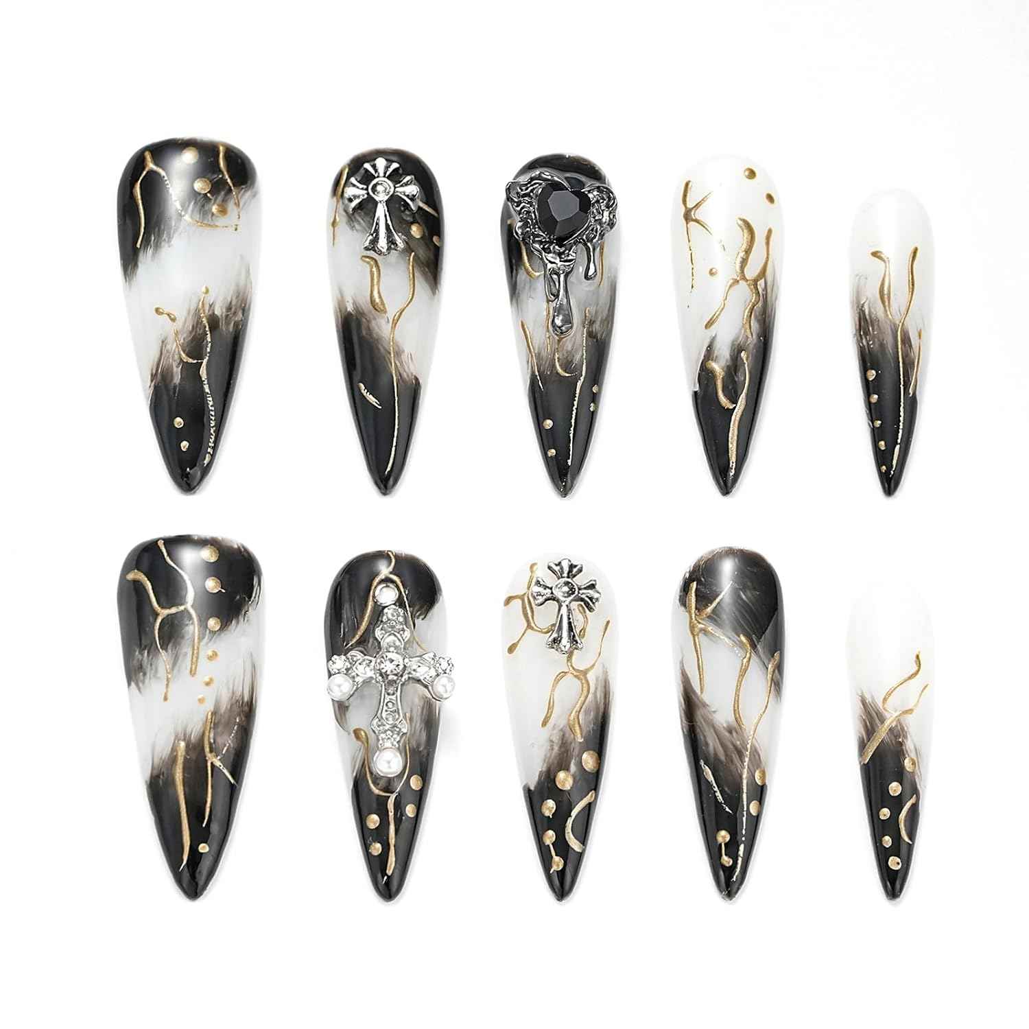 Colorful Handmade Press-On Stiletto Nails with 3D Devil Eyes - 10 Pcs Set for Women