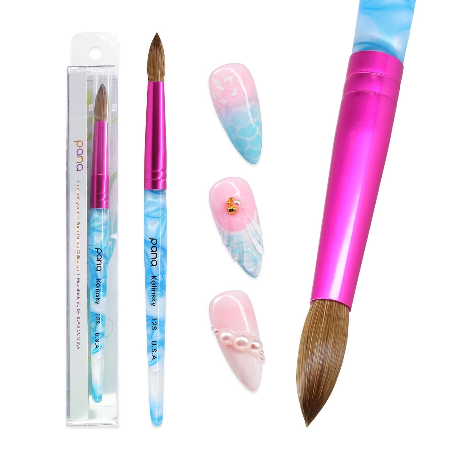 PANA USA Acrylic Nail Brush Pure Kolinsky Hair Acrylic White Swirl Blue Handle with Pink Ferrule Round Shaped - Size 12