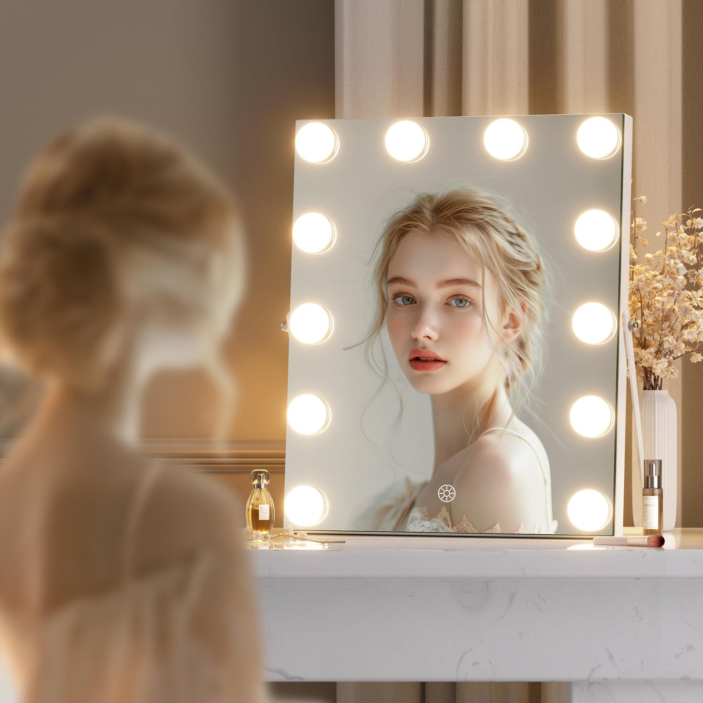 Hasipu Vanity Mirror with Lights - 11" x14”Hollywood Makeup Mirror with 11 Dimmable LED Bulbs, 10X Magnification, 3 Color Modes, Touch Control & USB Port, 360° Rotation