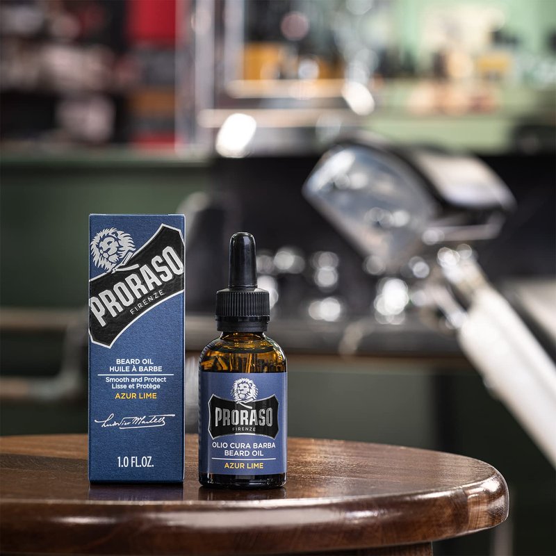 Proraso Azur Lime Beard Oil - Moisturizing Avocado, Sunflower, Citrus & Mint Condition Beards & Add Shine - Leave In Facial Hair Oil for Men - 1oz
