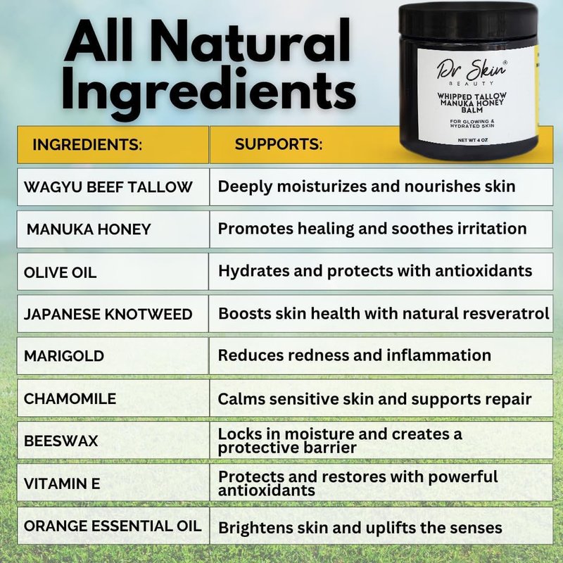 Whipped Beef Tallow & Manuka Honey Balm - Organic Lip Balm and Skin Lotion with Olive Oil for Psoriasis & Eczema - Hydrating For Men, Women & Babies - Orange Scented, 4oz