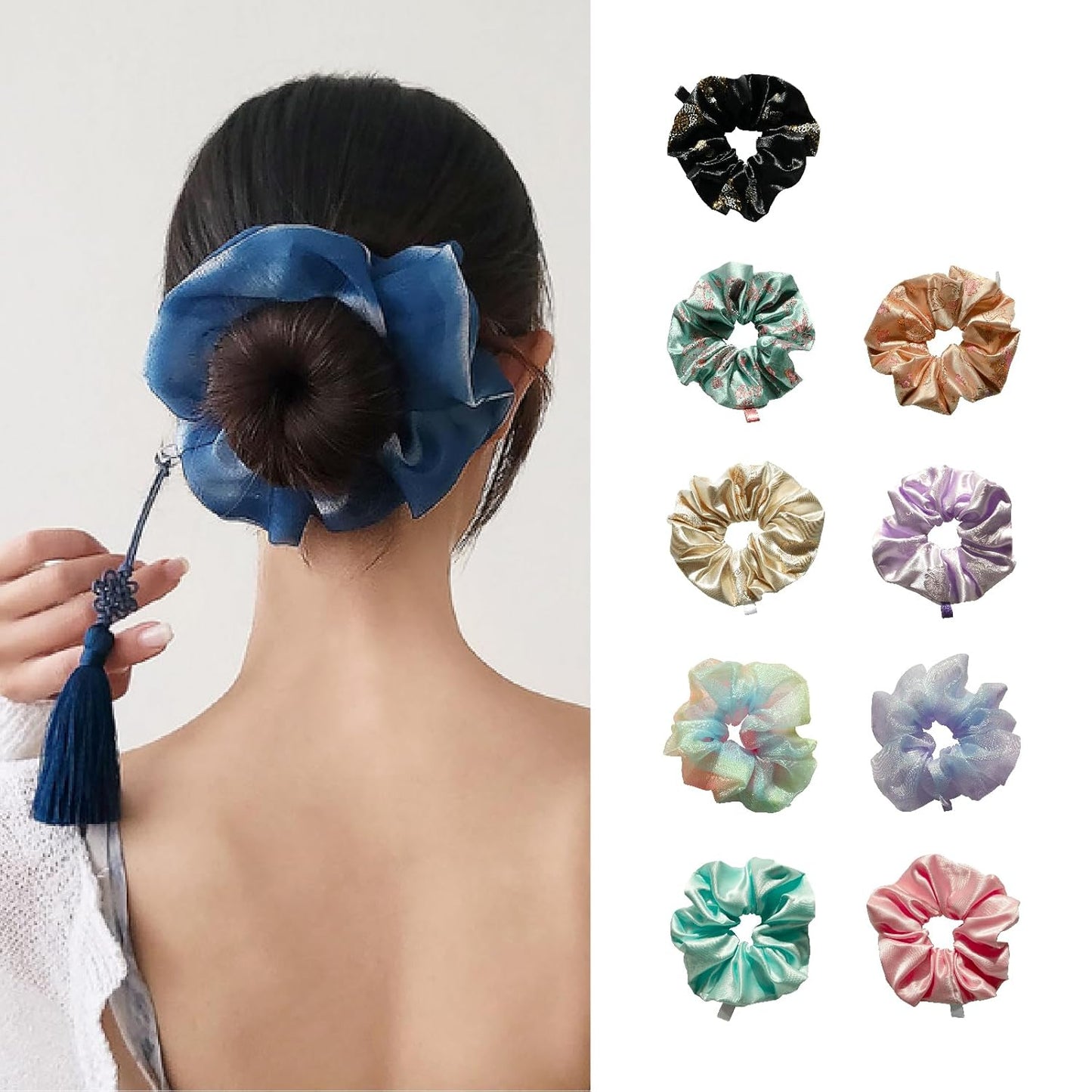 Handmade Korean Scrunchies for Women - Soft Beige Ball Tassel Hair Accessory | Sabang Shin Hanbok