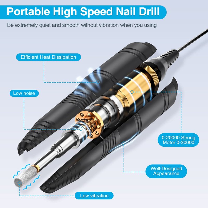 Portable Nail Drill with Power Bank Kit, Electric File for Acrylic Dip Gel and Natural Nails, Manicure Pedicure Drill Efile Tools with Drill Bits and Sanding Bands, Speed Control Power Cord, Black