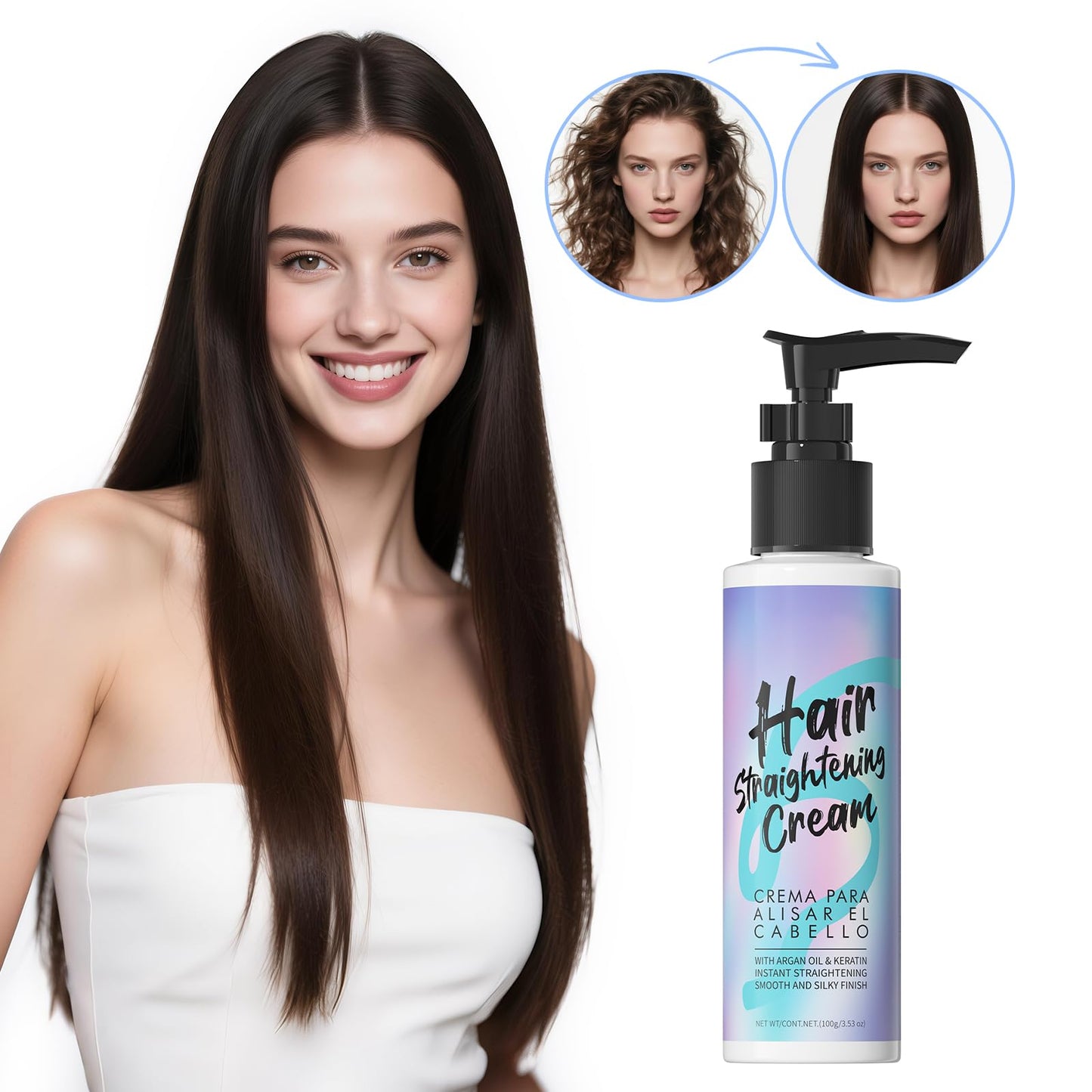 gowwim Hair Straightener Cream, 72h Long-Lasting Frizz Control Heat Protection up to 230°c (450℉) Plant Extracts Nourishing Smoothing Straightening Cream for Frizzy & Curly Hair