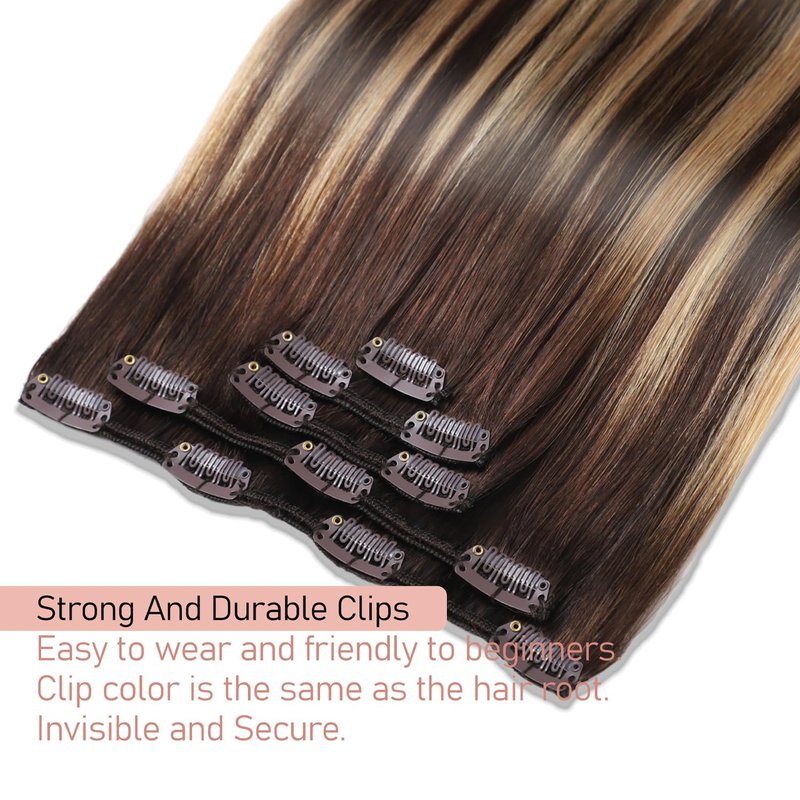 Hair Extensions Real Human Hair Clip in Hair Extensions Straight Remy Human Hair Extensions Clip ins Chocolate Brown to Caramel Blonde Clip in Extensions for Women Double Weft 16 Inch 5pcs