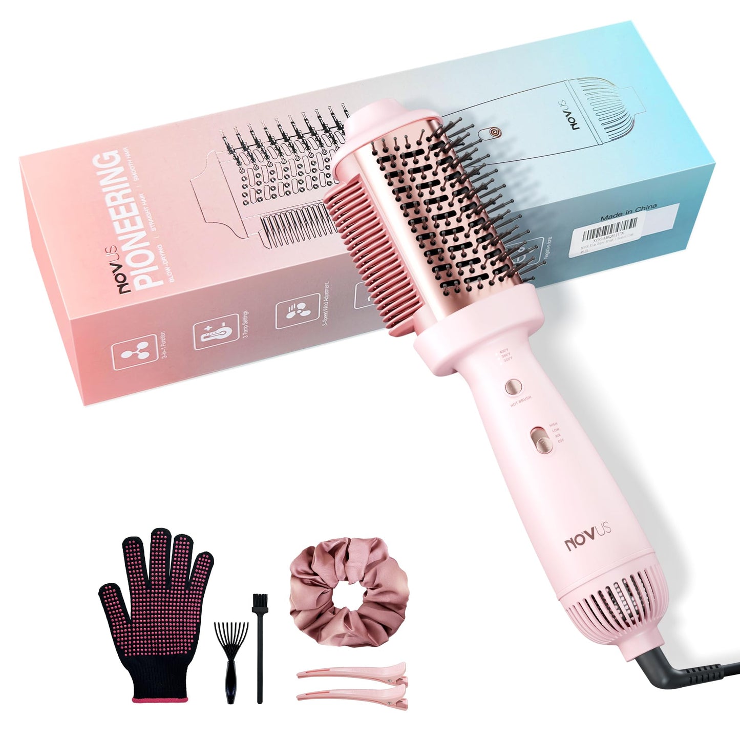 4-in-1 Blow Dryer Brush & Hair Straightener - NOVUS Ionic Hot Air Styler with Titanium Barrel, Volumizer for Frizz-Free Smoothing, Blowout Tool for All Hair Types (Pink)