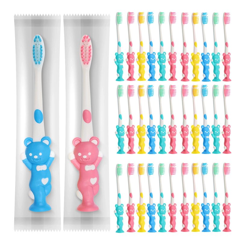 Gisdo 100pcs Disposable Kids Toothbrush, Individually Wrapped, Manual Toothbrush Set for Age 2+ Children, Boys & Girls (4 Colors)