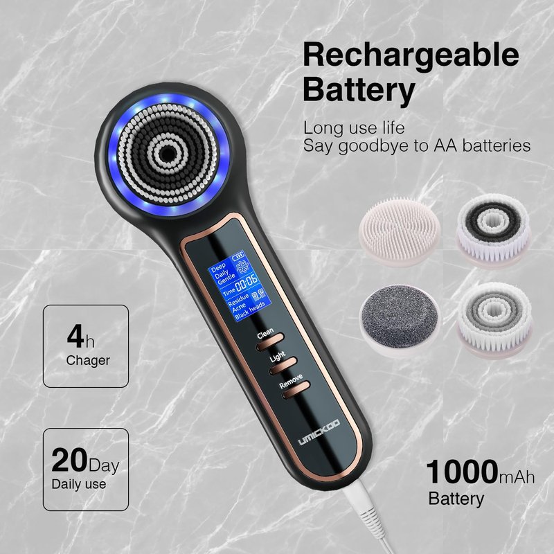 UMICKOO Face Scrubber Exfoliator,Facial Cleansing Brush Waterproof with LCD Screen,Blackhead Remover Vacuum with 5 Brush Heads,Face Spin Brush for Exfoliating (White-Blue)