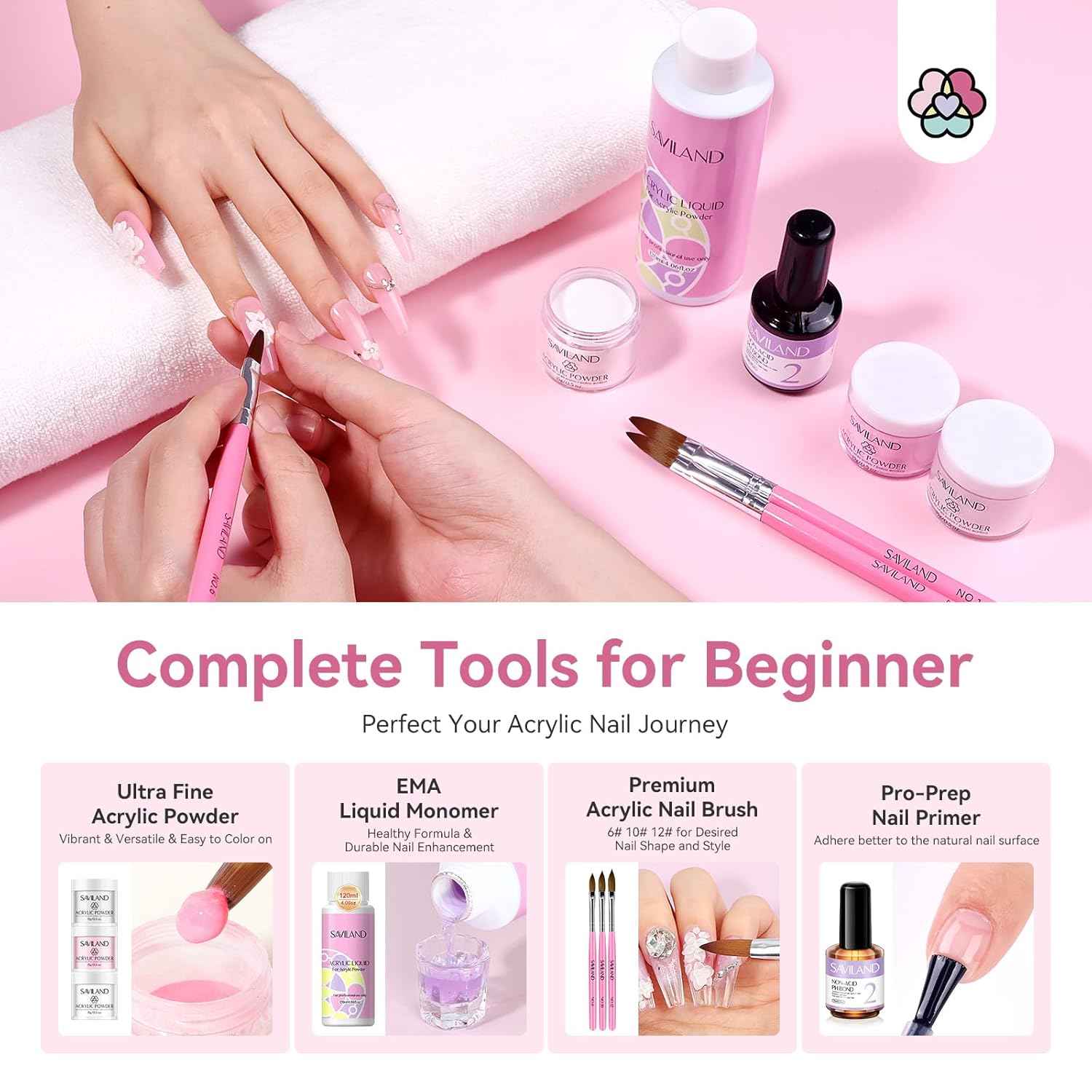 Saviland Acrylic Nail Kit for Beginners - Keratin Powder, Vitamin E Gel & Nail Stand
