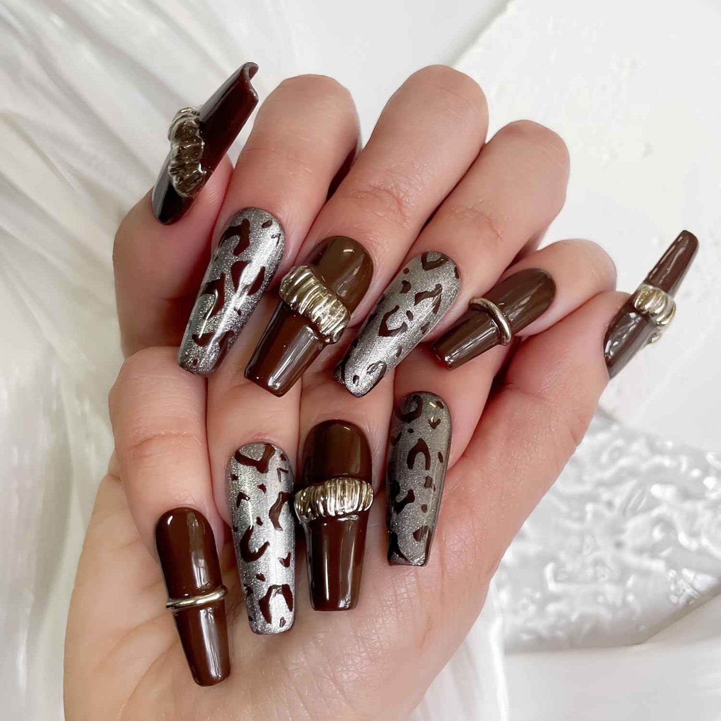 30PCS Luxury Press-On Nails Set – Long Coffin Dark Brown Leopard with Gold Accents – No Measuring Needed, Reusable Kit with Glue & Tools
