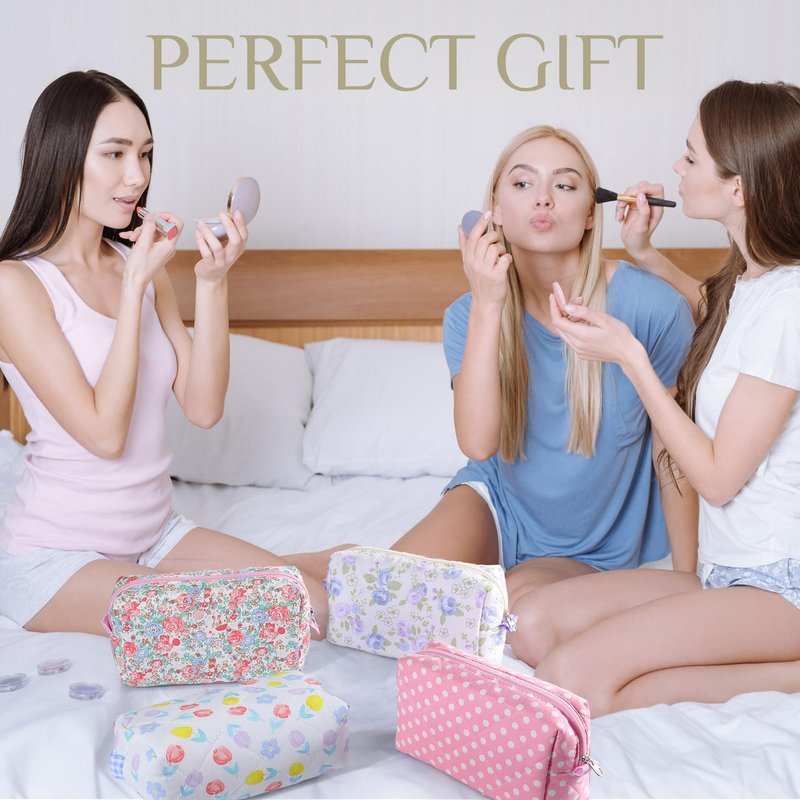 Paterr 10 Pcs Quilted Makeup Bag Bulk Cotton Floral Cosmetic Bag Women Girls Bridesmaid Gifts Cute Makeup Pouch Coquette Aesthetic Travel Toiletry Organizer(Gingham Floral,7.87 x 4.72 x 3.15 Inches)
