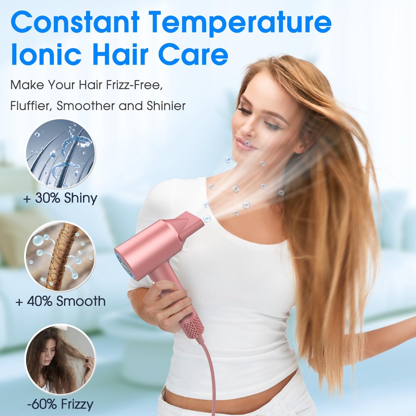 Hair Dryer, 1500W High Speed 110000 RPM Blow Dryer with Plasma Tech (Positive+Negative Ionic), LCD Display, 5 Modes, Thermo-Control, Low Noise, Fast Drying Hair Dryer for Home or Travel (Rose Gold)