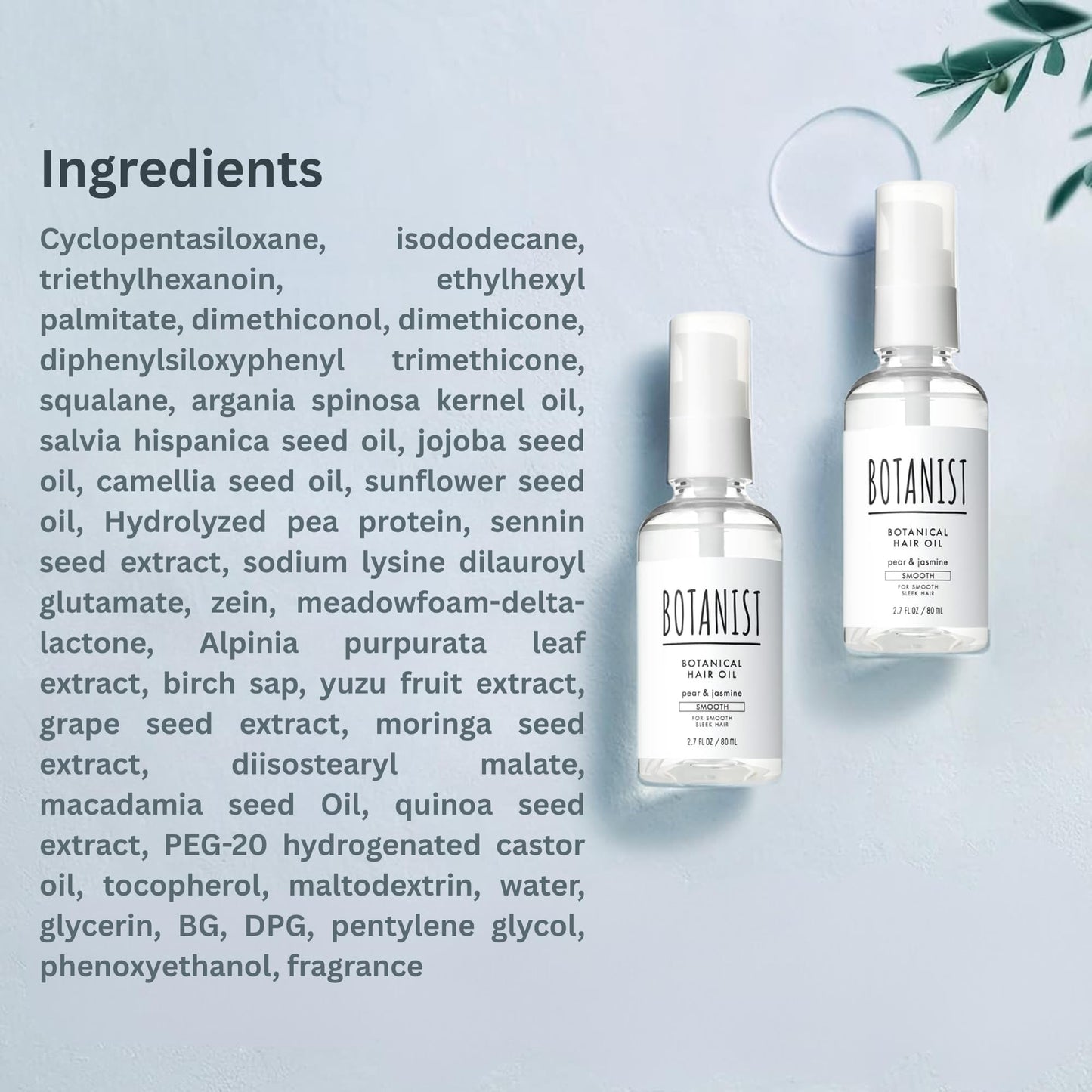 Botanist Hydrating Hair Oil Spray for Frizzy Hair, Natural Hair Oil Mist for Women & Men with Jojoba Oil, Organic Extract& Squalane, Scalp Oil Treatment Made in Japan SMOOTH 2.7Fl Oz PEAR & JASMINE