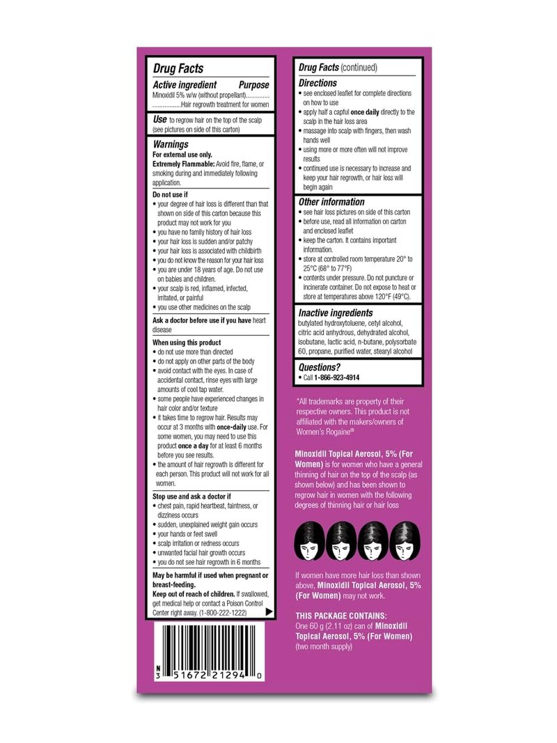 Minoxidil 5% Topical Aerosol Foam, Hair Regrowth Treatment for Women, 2.11 oz Reactivates Hair Follicles to Stimulate Hair Regrowth - 6 Months Supply
