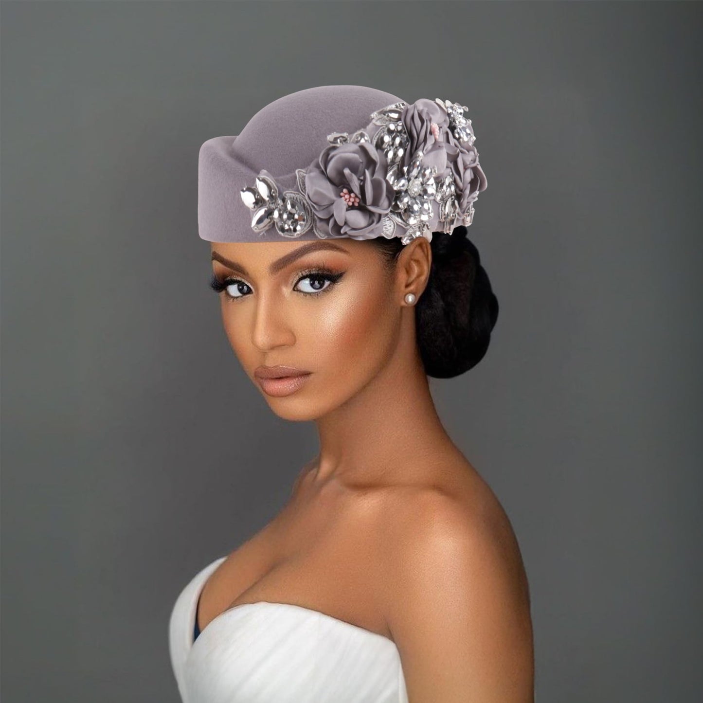 Beret Hats for Women British Felt hat Women's Church Derby Headdress Women's Floral hat Suitable for Wedding Parties Events (Gray)