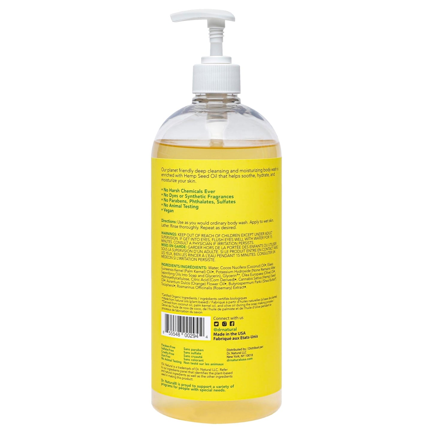Dr. Natural Hemp Body Wash, Citrus, 32 oz - Pure Plant-Based Body Wash - Deep Cleansing and Moisturizing with Organic Shea Butter - Enriched with Hemp Seed Oil - Suitable for Sensitive Skin