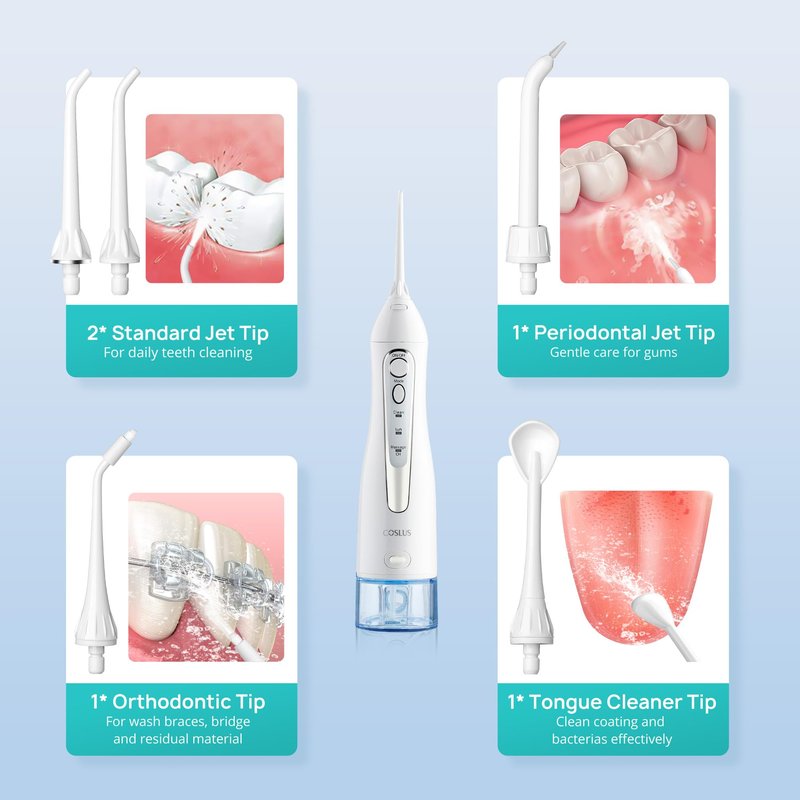 COSLUS ADA Accepted Water Dental Flosser Teeth Pick C20: Portable Cordless Oral Irrigator 300ML Rechargeable Travel Irrigation Cleaner IPX7 Waterproof Electric Flossing Machine, Professional Set White