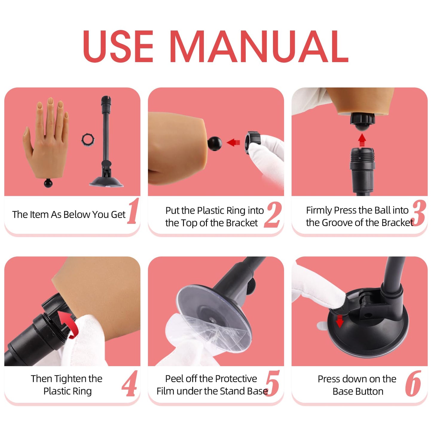 KnowU Nail Practice Hand with Suction Cup Stand, Mannequin Hand for Acrylic Nails, Professional Manicure Tool, DIY Nail Art Accessories, Flesh Tone
