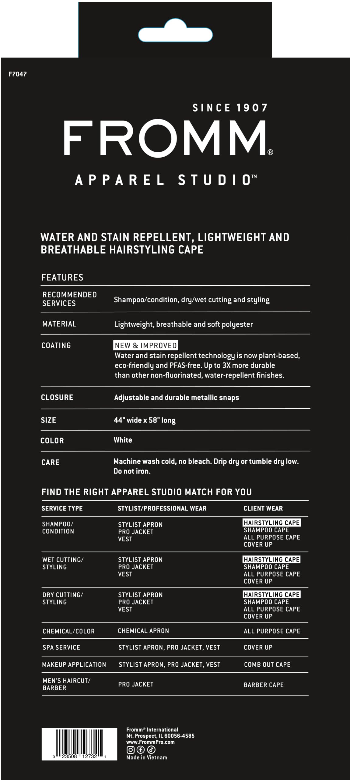 Fromm Professional Client Hair Styling and Hair Cutting Cape, Water and Stain Repellent Teflon Coating for Shampoo Bowl and Wet/Dry Cutting, 44" x 58", White with Black Trim