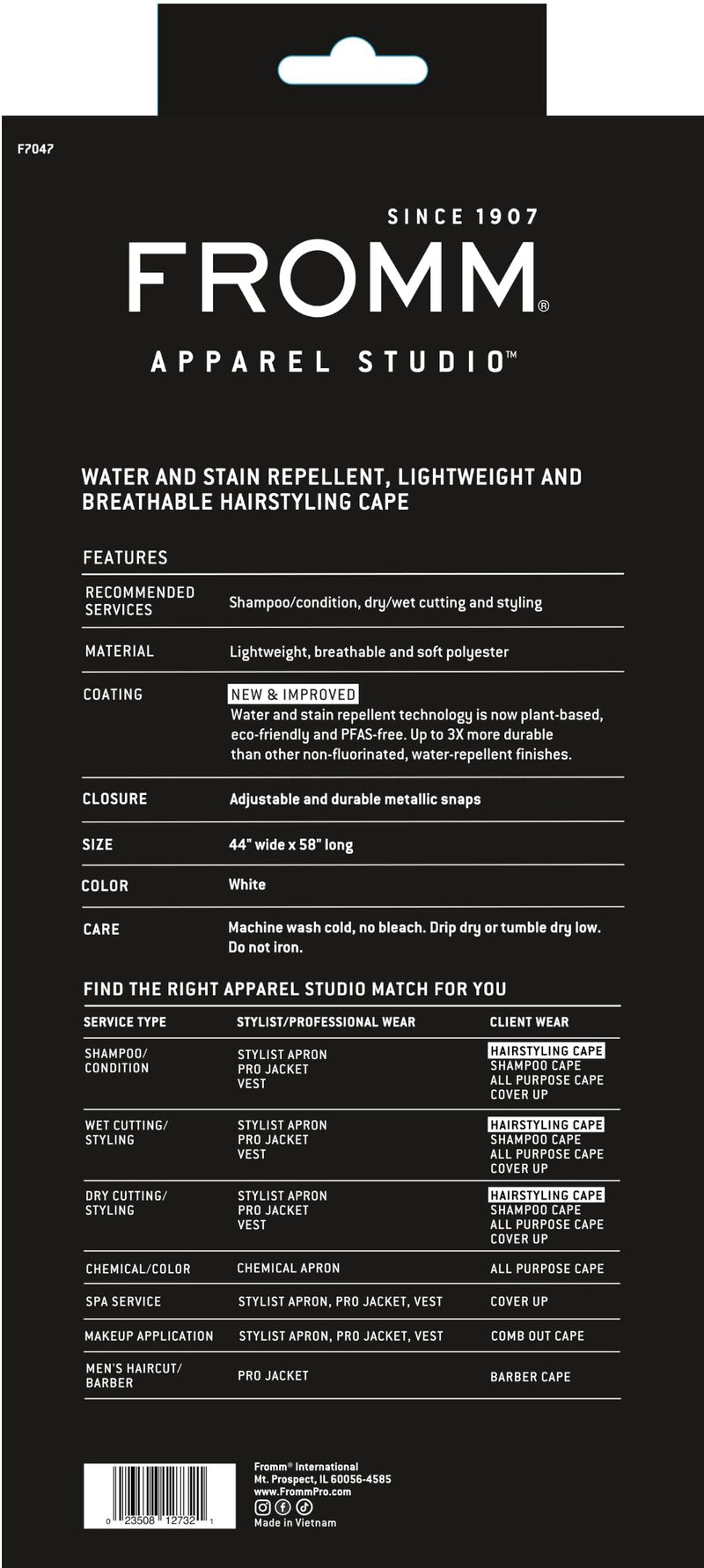 Fromm Professional Client Hair Styling and Hair Cutting Cape, Water and Stain Repellent Teflon Coating for Shampoo Bowl and Wet/Dry Cutting, 44" x 58", White with Black Trim