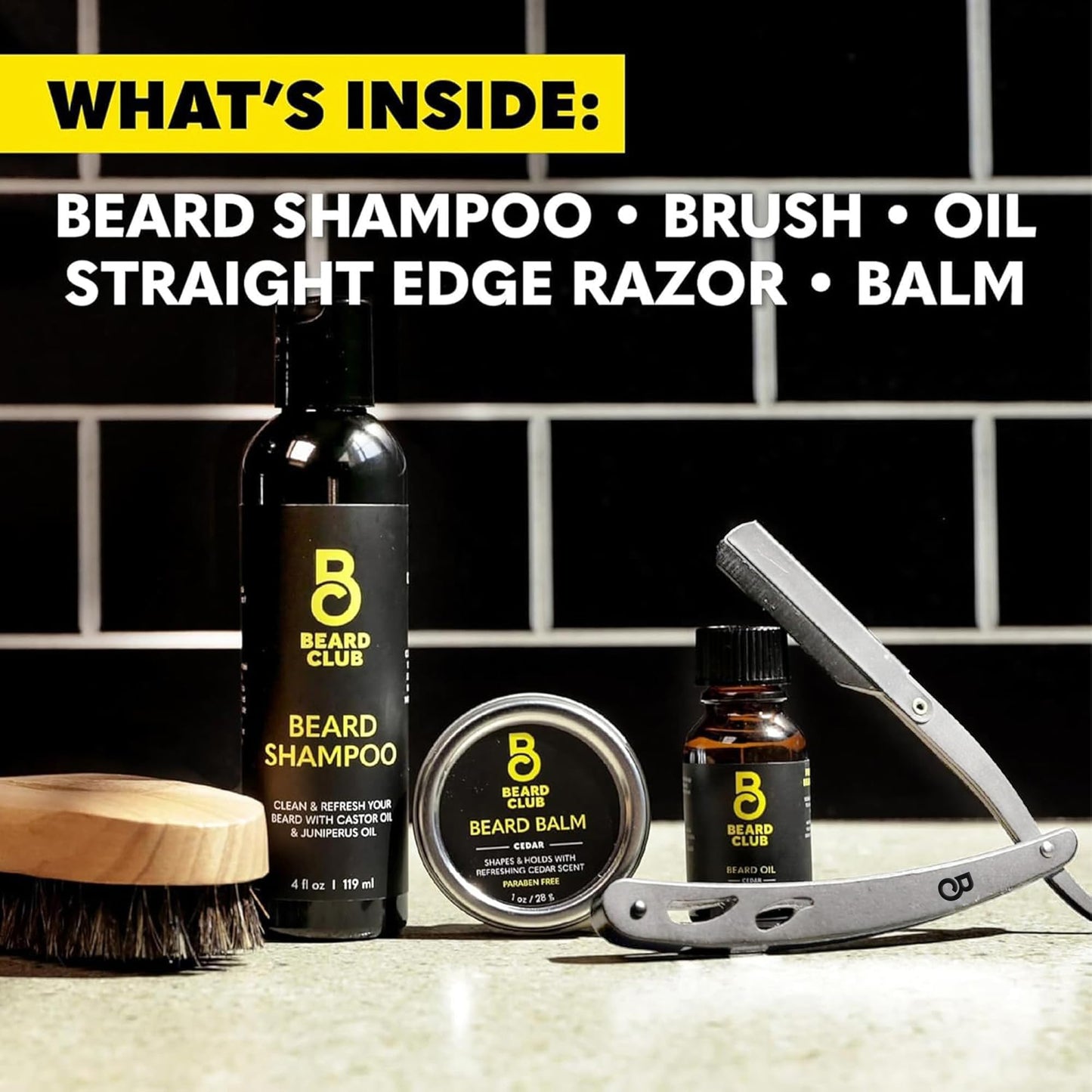 The Beard Club Beard Care Kit & Mens Grooming Kit - Essentials for a Healthier Looking, Stylish Facial Hair - Straight Edge Razor, Shampoo, Cedar Balm & Oil, and Boar Bristle Brush