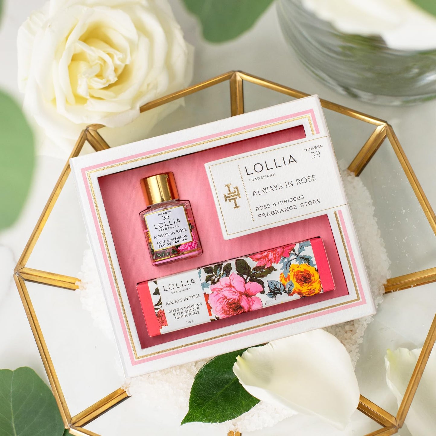 LOLLIA Always in Rose Fragrance Story Gift Set – .16 fl. oz. Eau de Parfum & .33 oz. Petite Treat Handcreme – Rose & Hibiscus – Hand Cream for Women, Travel Size Perfume, Hand Lotion for Dry Hands