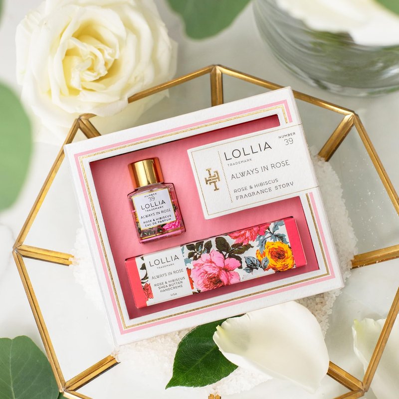 LOLLIA Always in Rose Fragrance Story Gift Set – .16 fl. oz. Eau de Parfum & .33 oz. Petite Treat Handcreme – Rose & Hibiscus – Hand Cream for Women, Travel Size Perfume, Hand Lotion for Dry Hands