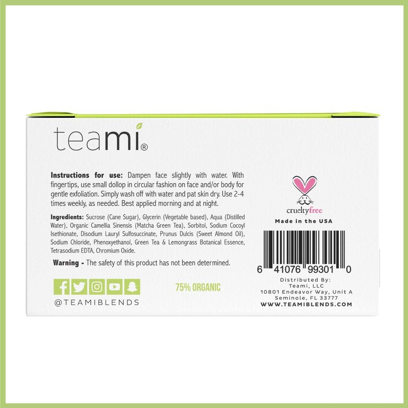 Teami Matcha Green Tea Facial Scrub For Hydrating, Moisturizing, and Exfoliating, Natural Exfoliating Body & Organic Face Exfoliator Sugar Scrub with Lemongrass, Non-Greasy Face Exfoliant