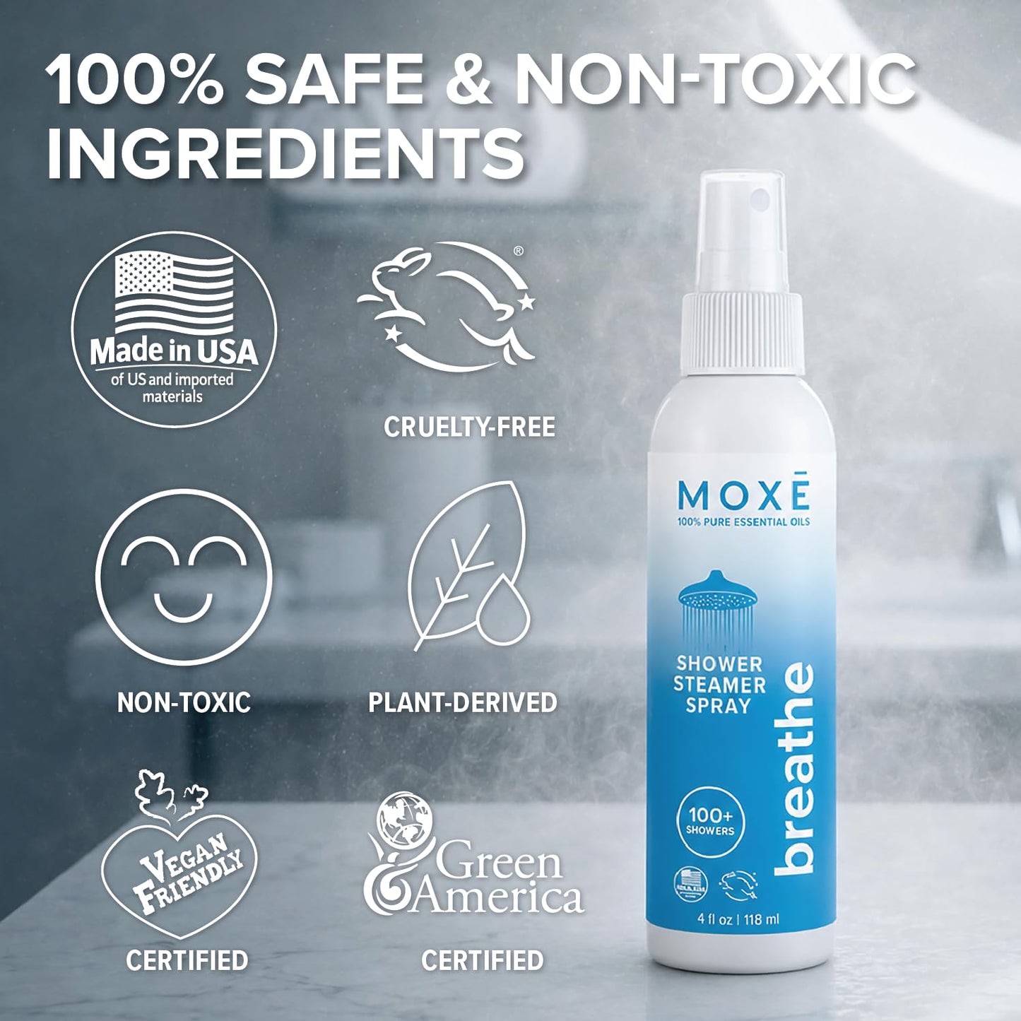 MOXE Breathe Shower Mist, Eucalyptus and Peppermint, Spa Steam Spray, Certified Natural 100% Essential Oils, Made in USA, Aromatherapy, Sinus Congestion Relief, Tension Relief, 4 Ounces (1 Pack)