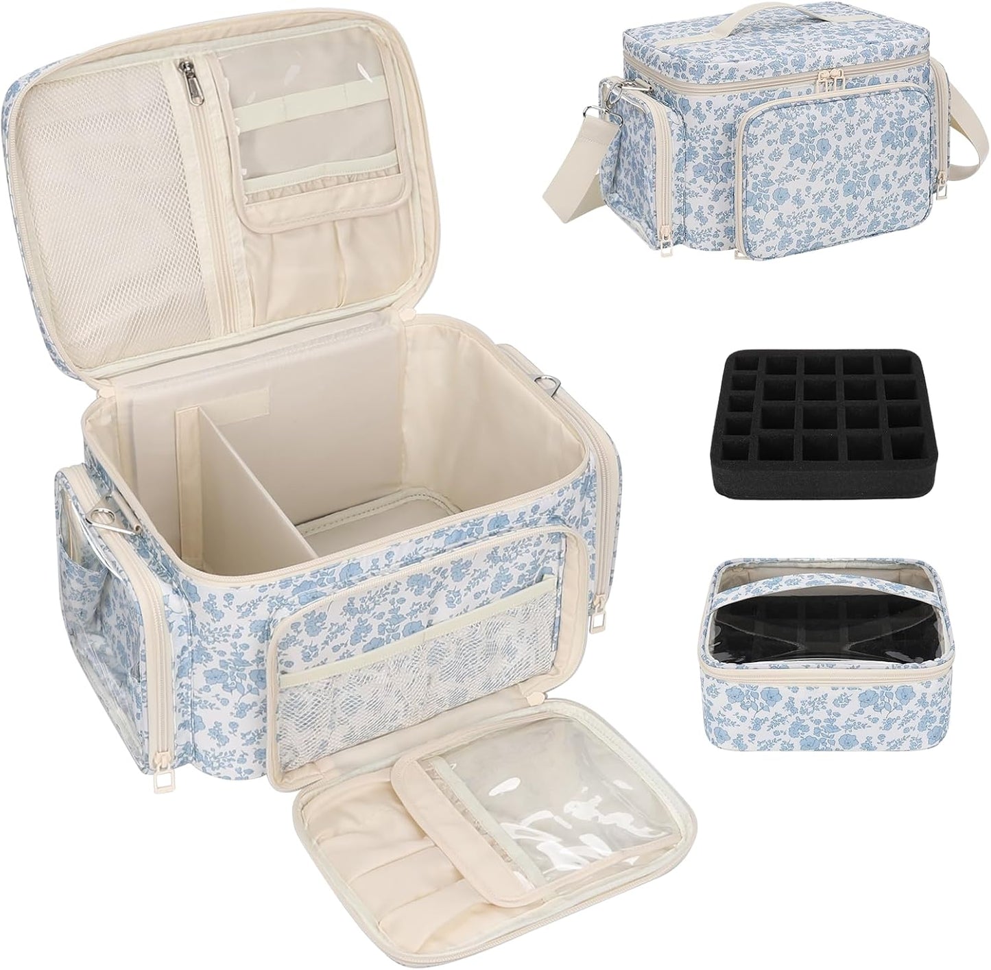 Nail Polish Organizer - Portable Storage for 42+ Bottles & Lamp | Travel Nail Kit Case - Blue Flower Design