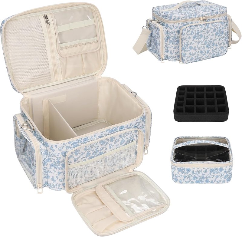 Nail Polish Organizer - Portable Storage for 42+ Bottles & Lamp | Travel Nail Kit Case - Blue Flower Design