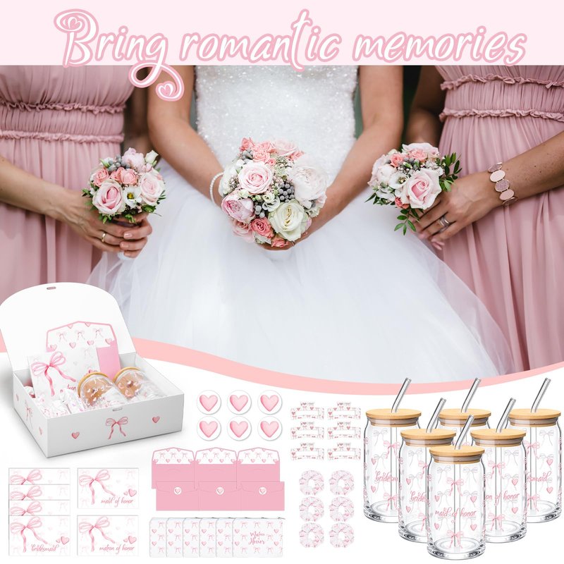 Meanplan 48 Pcs Bridesmaid Proposal Gift Box Set Bridal Shower Favor Wedding Bride Bachelorette Party Return Gift, Glass Cup Cosmetic Bag Scrunchies Hairpin Invited Card Envelope (Matron of Honor)