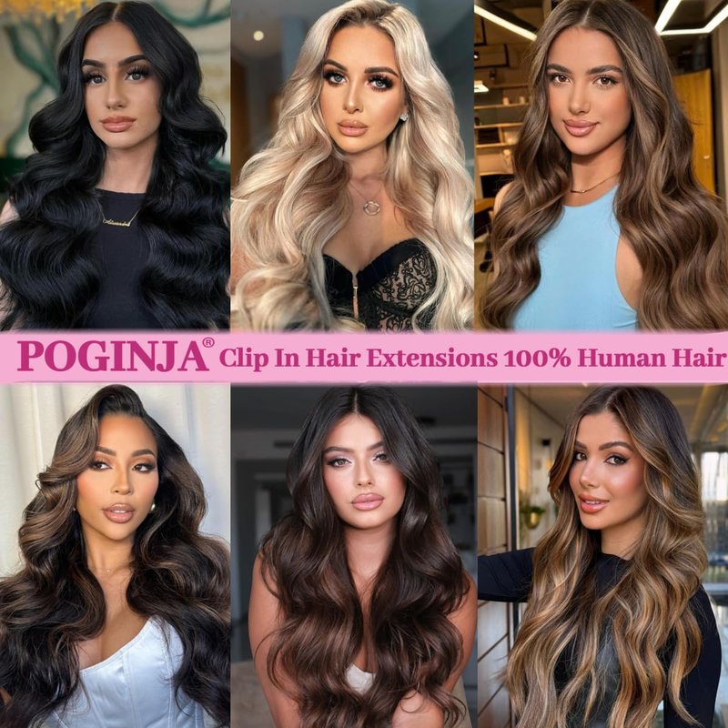 POGINJA Clip in Hair Extensions Real Human Hair, Remy Human Hair Extensions Clip ins for Women, 100% Natural Human Hair, Double Weftm, 14inch 80g 8Pcs, #60 Platinum Blonde