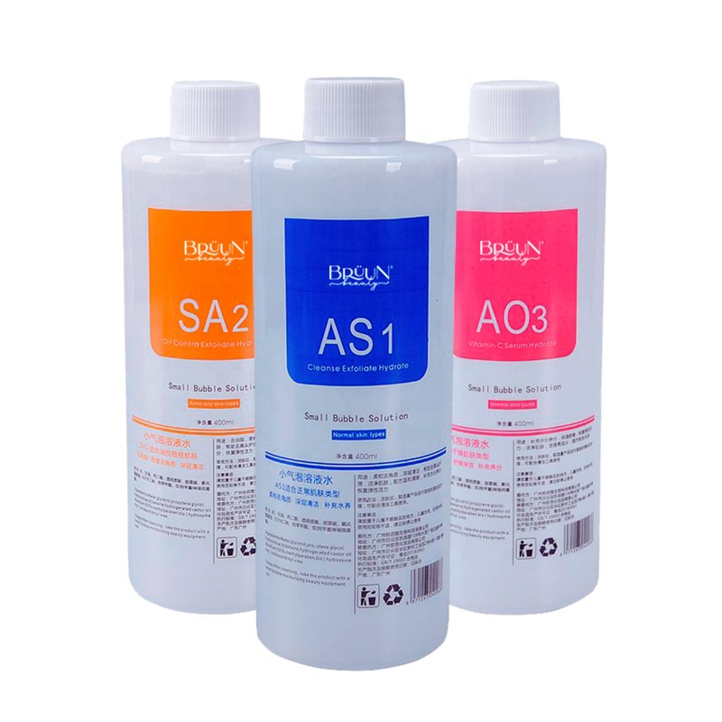 BRÜUN Hydrogen Oxygen Facial Machine Serums for Facial Cleansing – A Pack of 400ml 3 Aqua Peeling Solution AS1, SA2, and AO3 –Skin Care Hydra Solution for Vacuum face Cleaning Jet for Home and Spa