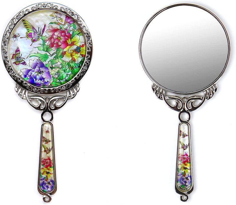 Hand Held Mirror - Eco-Friendly Mother of Pearl Coating | Vintage Rose Design for Travel & Makeup - 150x70x5mm